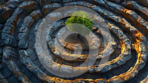 A person reaches the center of a labyrinth and looks up at a large ancient tree standing tall and strong. This image