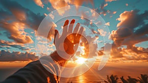 A person reaching out to the sun with their hand, AI