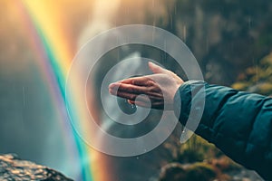 person reaching out to touch a rainbow, capturing the magic and beauty of life.