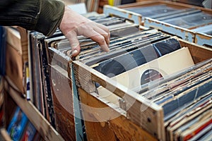 Person Reaching for Record in Wooden Box