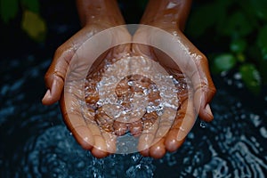 Person reaching for water quenching thirst with hands extended towards a refreshing source, water conservation picture
