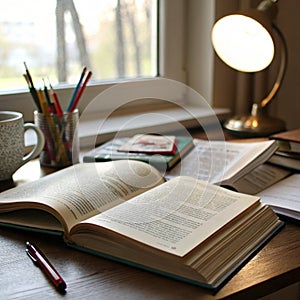 Reading a book on Sunday for study and education photo