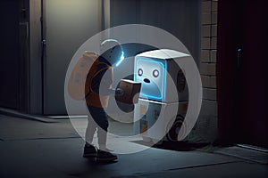 person, receiving urgent package from robot courier with flashing lights and beeping sounds photo