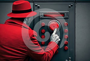 Person in a red coat and hat pushing a red button. Created with Generative AI, no one recognisable. Not a real person photo