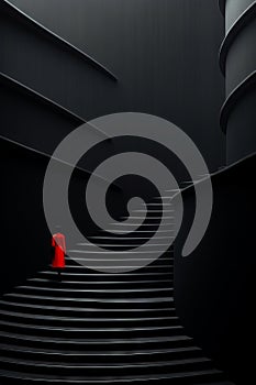 Person in red coat walking up set of stairs. Generative AI