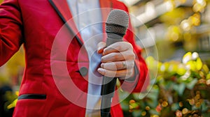 The red jacket and microphone.AI generated image