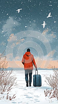 Person with Suitcase in Snowy Landscape with Birds Image