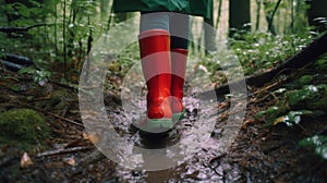 A person in red rain boots walking through a forest. AI generative image.