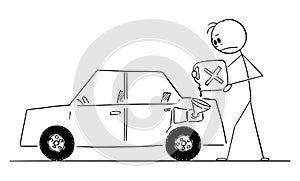 Person Refueling Out of Gas Car from Petrol Can, Vector Cartoon Stick Figure Illustration