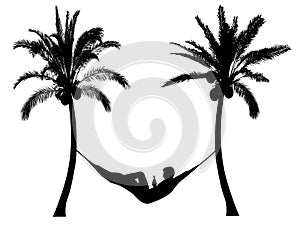 Person relax. Lies in hammock surrounded by palm trees. Vector silhouette. Isolated on a white background