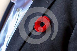 A Person with a remembrance day poppy flower on a black suit