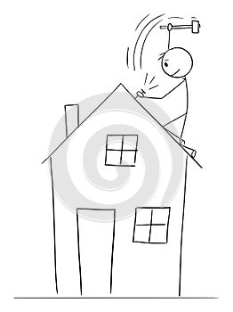 Person Repairing or building Roof of Family House, Vector Cartoon Stick Figure Illustration