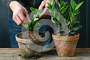 Person repotting a green Zamioculcas zamiifolia plant in a rustic pot on a wooden table