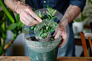 Person repotting a green Zamioculcas zamiifolia plant in a rustic pot on a wooden table