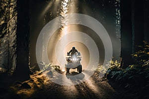 person, riding atv through dense forest, with the sunlight shining through the trees