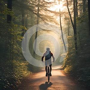 A person riding a bicycle through a serene, misty forest path, illuminated by the golden sunrise, ai generated