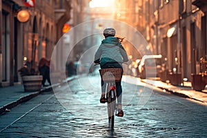 person riding a bike in a city with a helmet and a basket