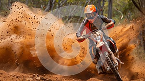 A person riding a dirt bike through mud and dust, AI