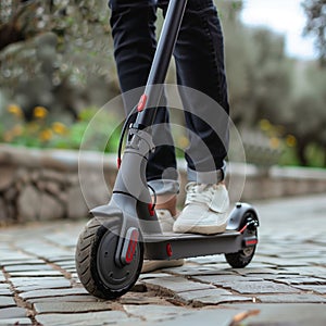 Person riding electric scooter on cobblestone photo
