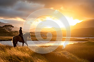 Person riding a horse in beautiful Irish landscape on dramatic sunset. Man admiring scenic view while on horseback riding tour in