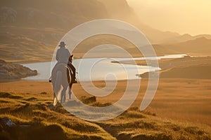 Person riding a horse in beautiful Irish landscape on dramatic sunset. Man admiring scenic view while on horseback riding tour in