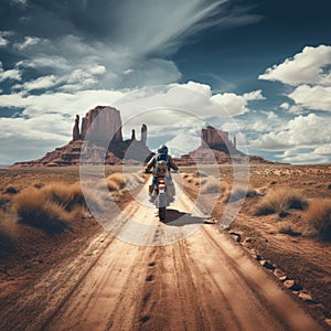 a person riding a motorcycle on a dirt road with tall rock formations in the background