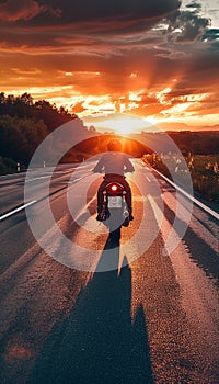 Person Riding Motorcycle on Highway at Sunset