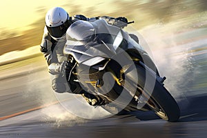 Person riding a motorcycle on a motor racing track. Racing motor bike cornering