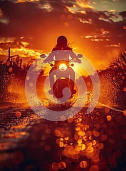 A person is riding a motorcycle in the rain. The sun is setting in the background