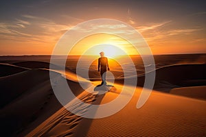 person, riding sandboard down dune, with breathtaking sunset in the background