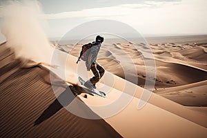 person, riding sandboard down the dunes of the hot desert