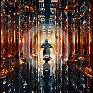 a person riding a scooter through a maze of mirrors k uhd ver