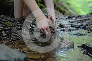 person rinsing off muddy hiking boots in a spring stream