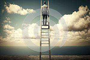 Person rising on way to success by stairway to heaven