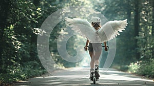 Person on rollerblades with white wings on a forest road.