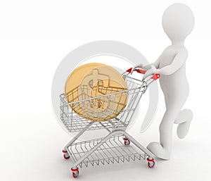 Person rolls shopping cart with coin of dollar inwardly