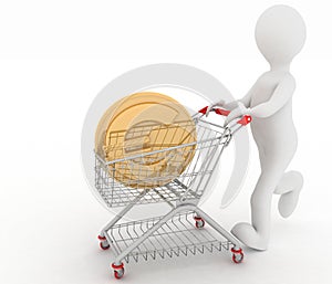 Person rolls the shopping cart with coin of euro inwardly