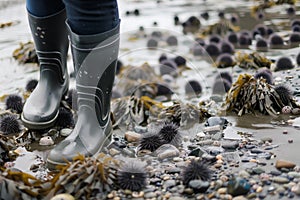 person in rubber boots walking carefully among sea urchins at low tide