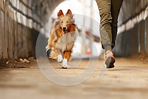 person running alongside a sheltie in a tunnel