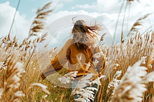 person running through a field of tall grass, feeling a sense of freedom and liberation