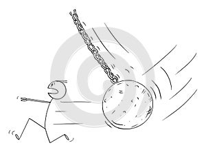 Person Running in Panic From Wrecking Ball , Vector Cartoon Stick Figure Illustration