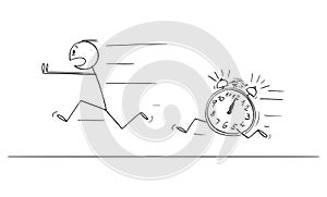 Person Running From Time Alarm Clock or Deadline, Vector Cartoon Stick Figure Illustration