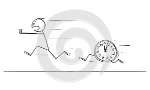 Person Running From Time Clock or Deadline, Vector Cartoon Stick Figure Illustration