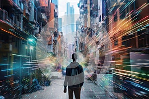 person, rushing through crowded cityscape, with glitchy view of digital world visible in the background