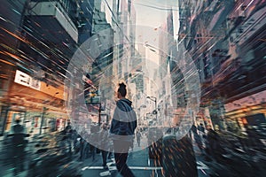 person, rushing through crowded cityscape, with glitchy view of digital world visible in the background