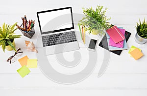 Person`s desk from above in marketing agency photo