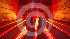 Person\'s feet in a red light therapy bed