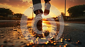 Person\'s Feet Splashing in Water Sunset