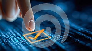 Person's finger about to select a glowing orange checkmark icon on digital interface