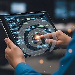 Close up of a person s hands interacting with a complex digital interface on a tablet screen